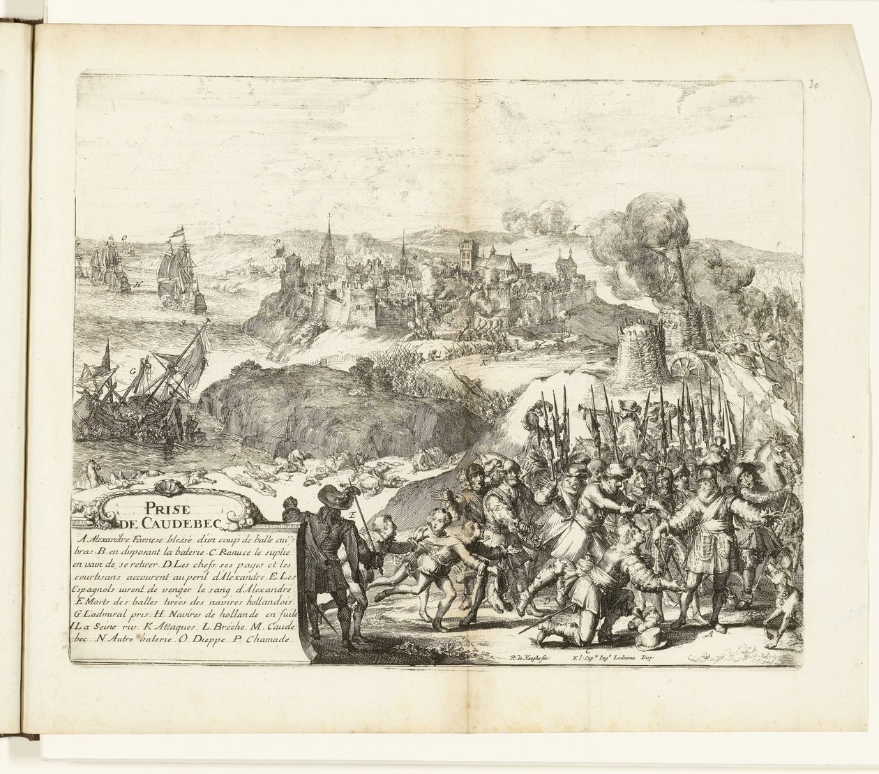 Verovering van Caudebec, 1592 Caudebecin vangitseminen (otsikko esineessä) Flanderin sodat (sarjan nimi) tekijältä Romeyn de Hooghe