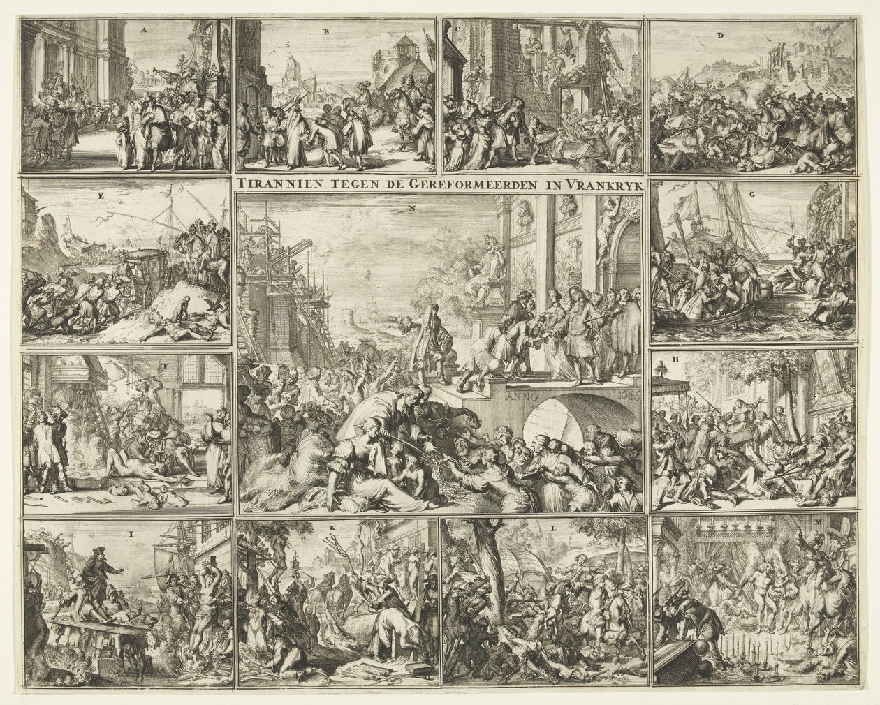 Protestanttien vaino Ranskassa Nantesin ediktin kumoamisen jälkeen 1685-1686 Tyrani reformoituja vastaan ​​Vrankrijkissa (otsikko esineessä) tekijältä Romeyn de Hooghe