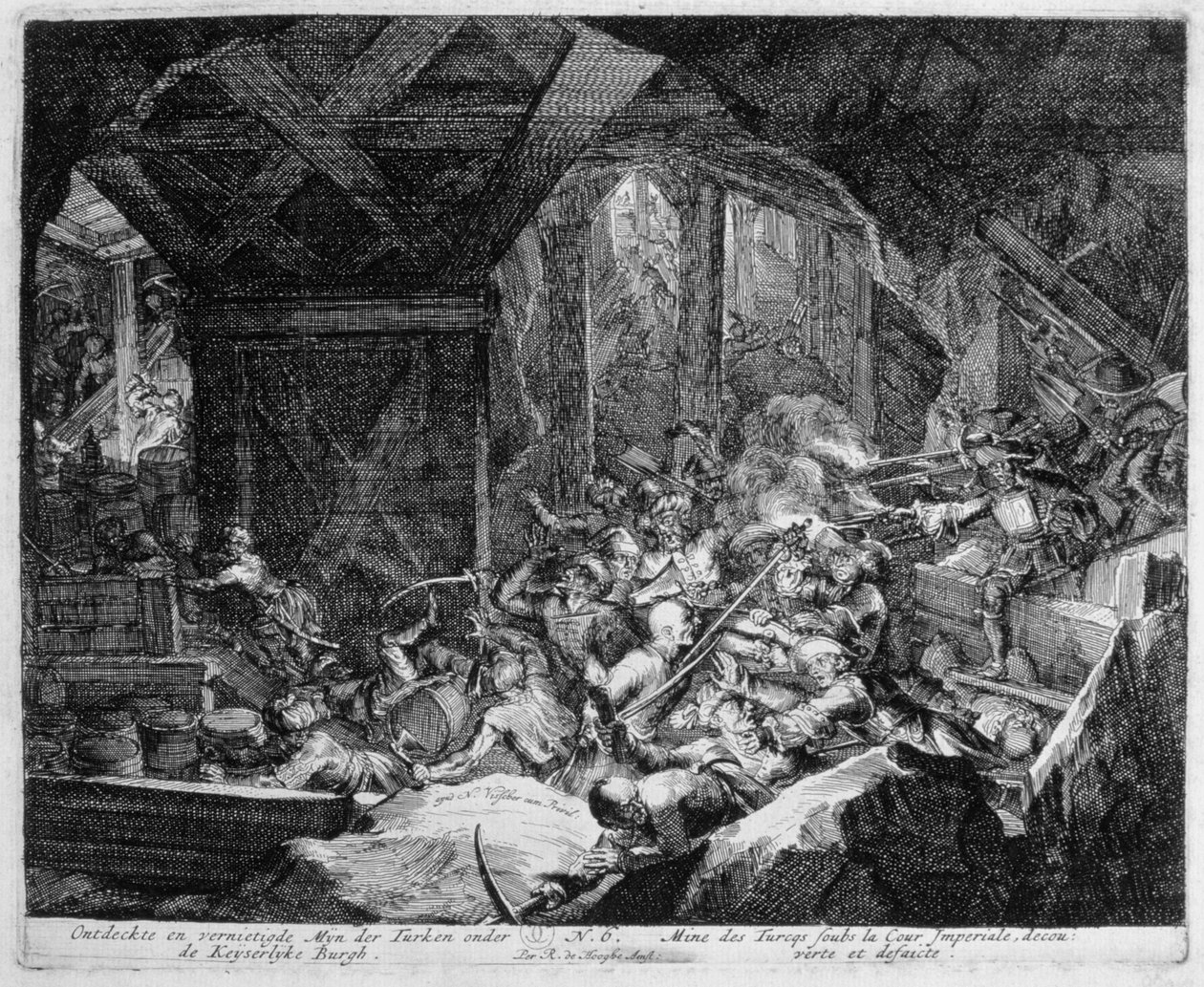 Wienin painosykli, turkkilaisen kaivoksen löytäminen ja tuhoaminen keisarillisen palatsin alla, 1683 tekijältä Romeyn de Hooghe