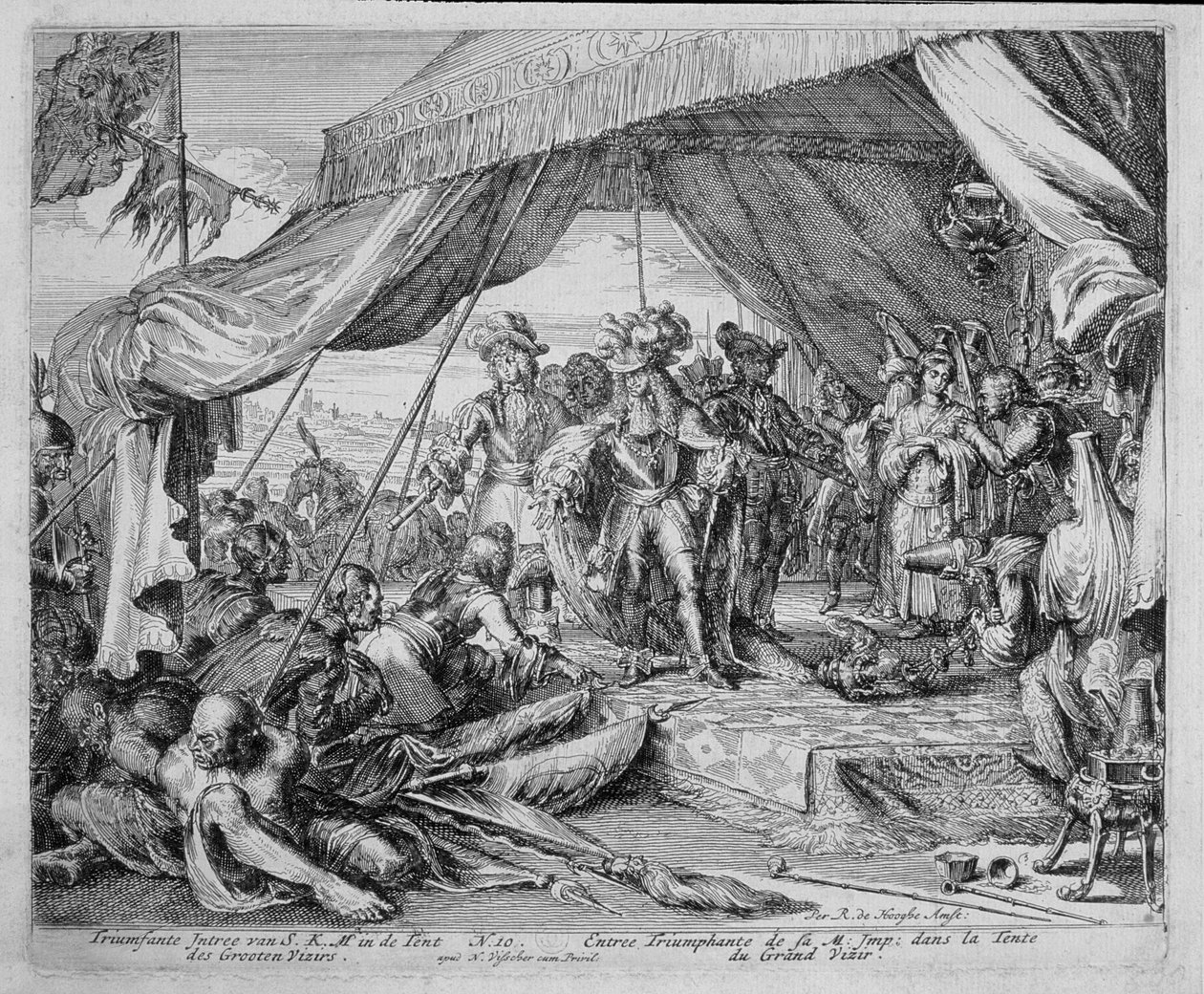 Wienin printtisykli, keisari Leopoldin (1640-1705) sisääntulo Suurvisiirin telttaan, 1683 tekijältä Romeyn de Hooghe