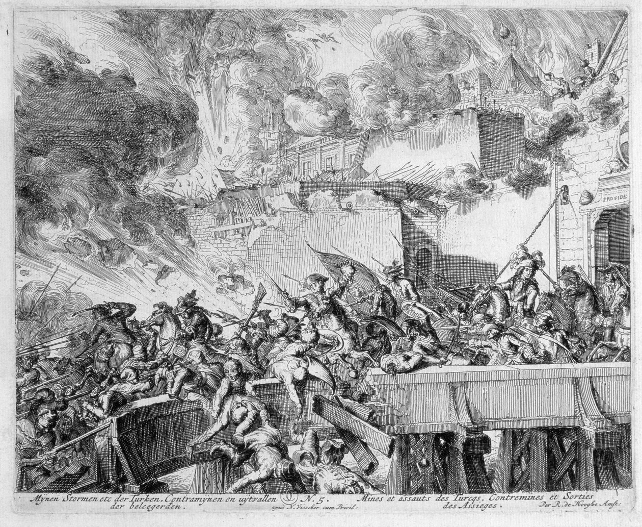 Wienin painosykli, miinan ja vastamiinan räjähdys, turkkilaisten hyökkäys, 1683 tekijältä Romeyn de Hooghe