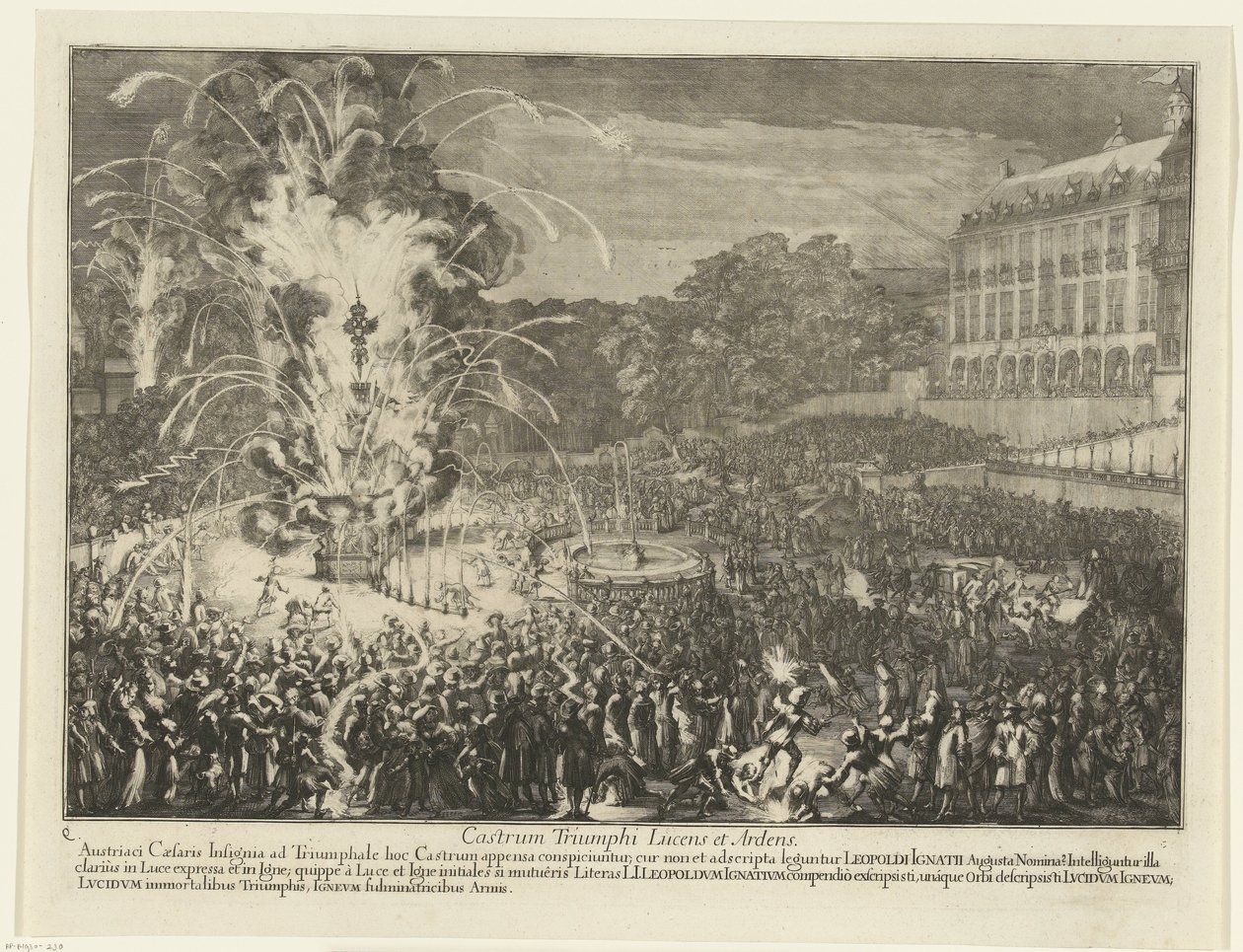 Ilotulitus palatsin puutarhassa, 1686 Castrum Triumphi Lucens et Ardens (otsikko esineessä) Leopold I:n saapuminen Brysseliin turkkilaisten voittamisen jälkeen, 1686 (sarjan nimi) tekijältä Romeyn de Hooghe