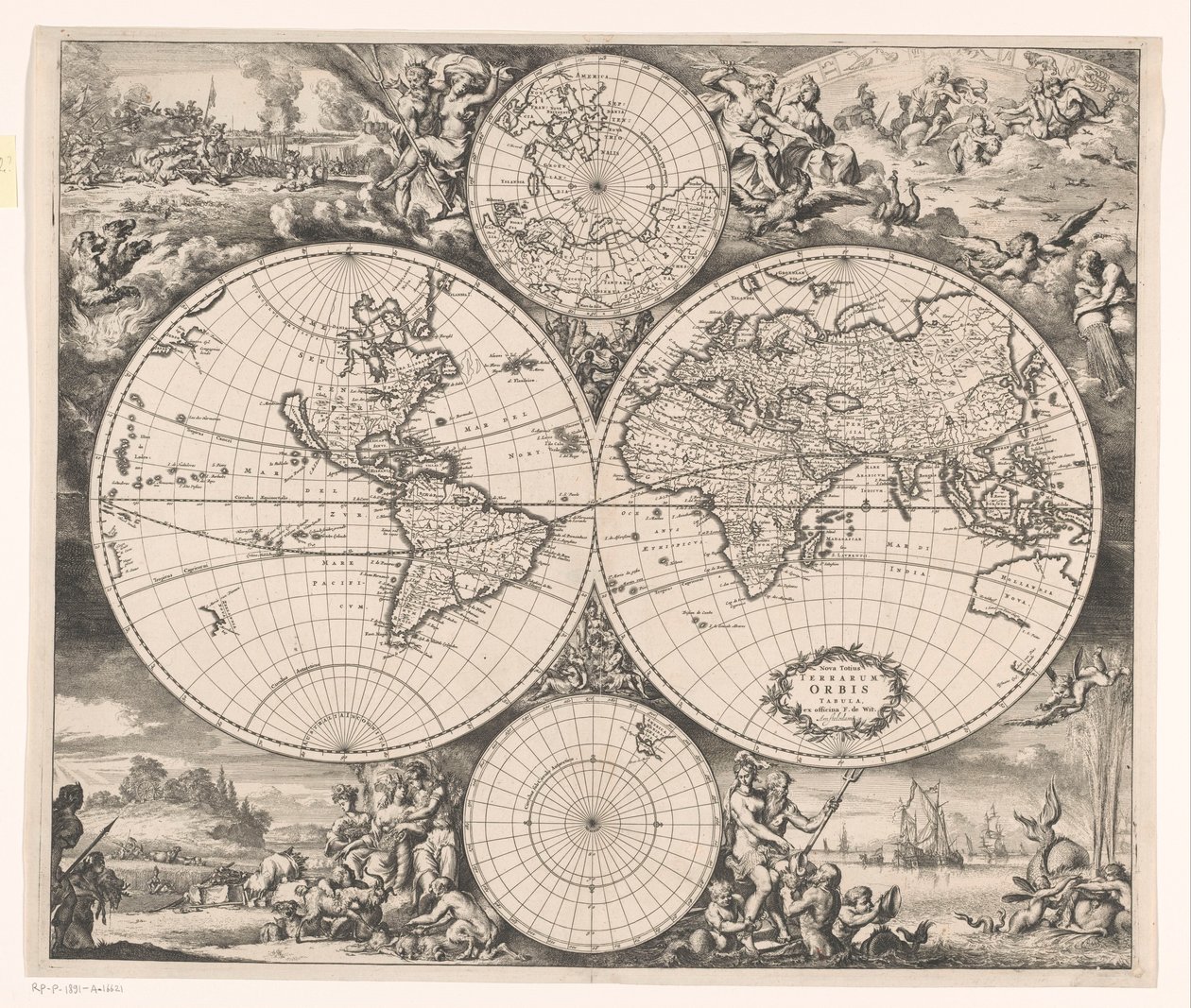 Maailmankartta, jossa on allegoria neljästä elementistä Nova totius terrarum orbis tabula (otsikko esineessä) tekijältä Romeyn de Hooghe