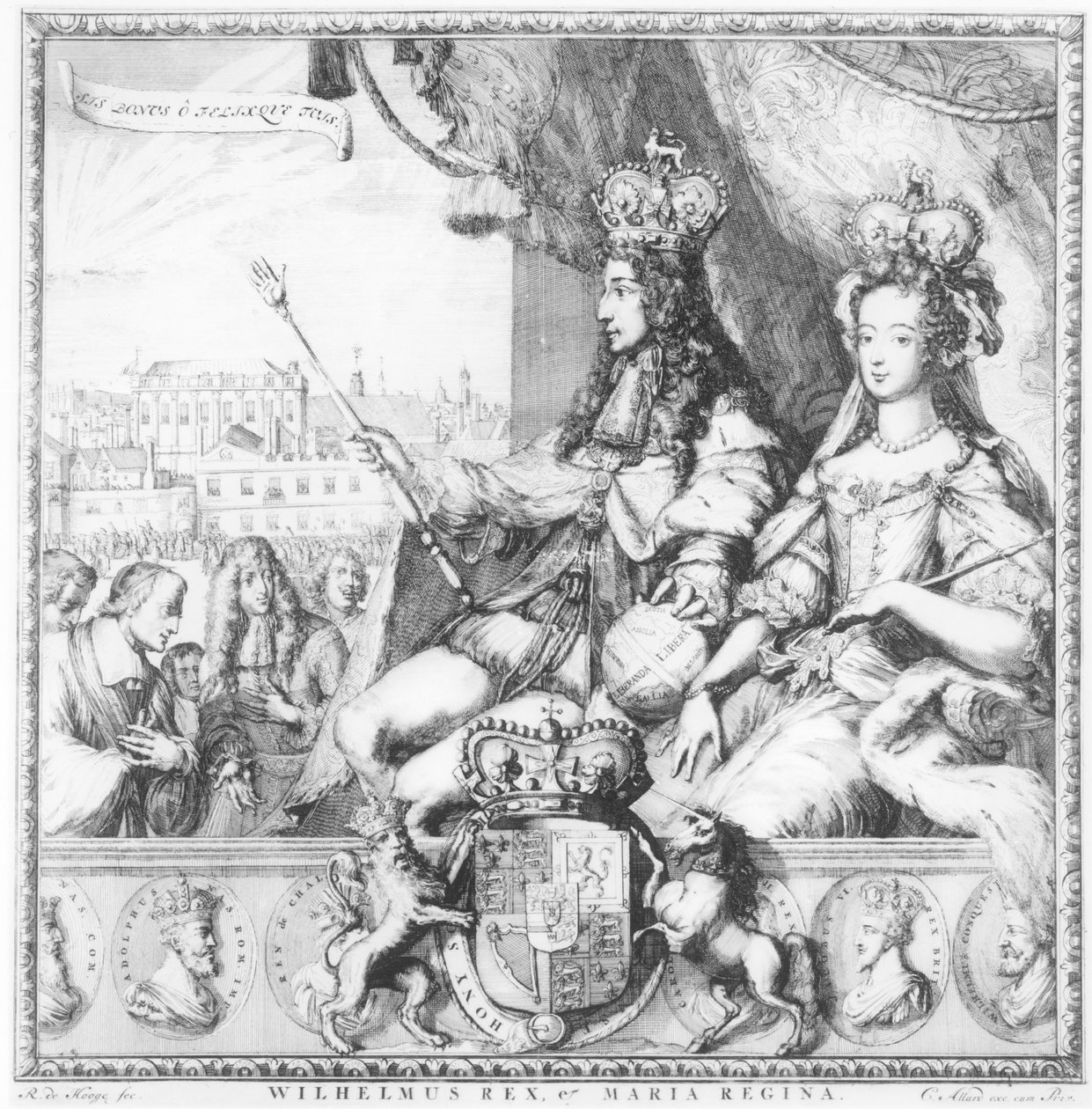 Taiteilijan kaivertama William III (1650-1702) ja Maria II (1662-94), n. 1690 tekijältä Romeyn de Hooghe
