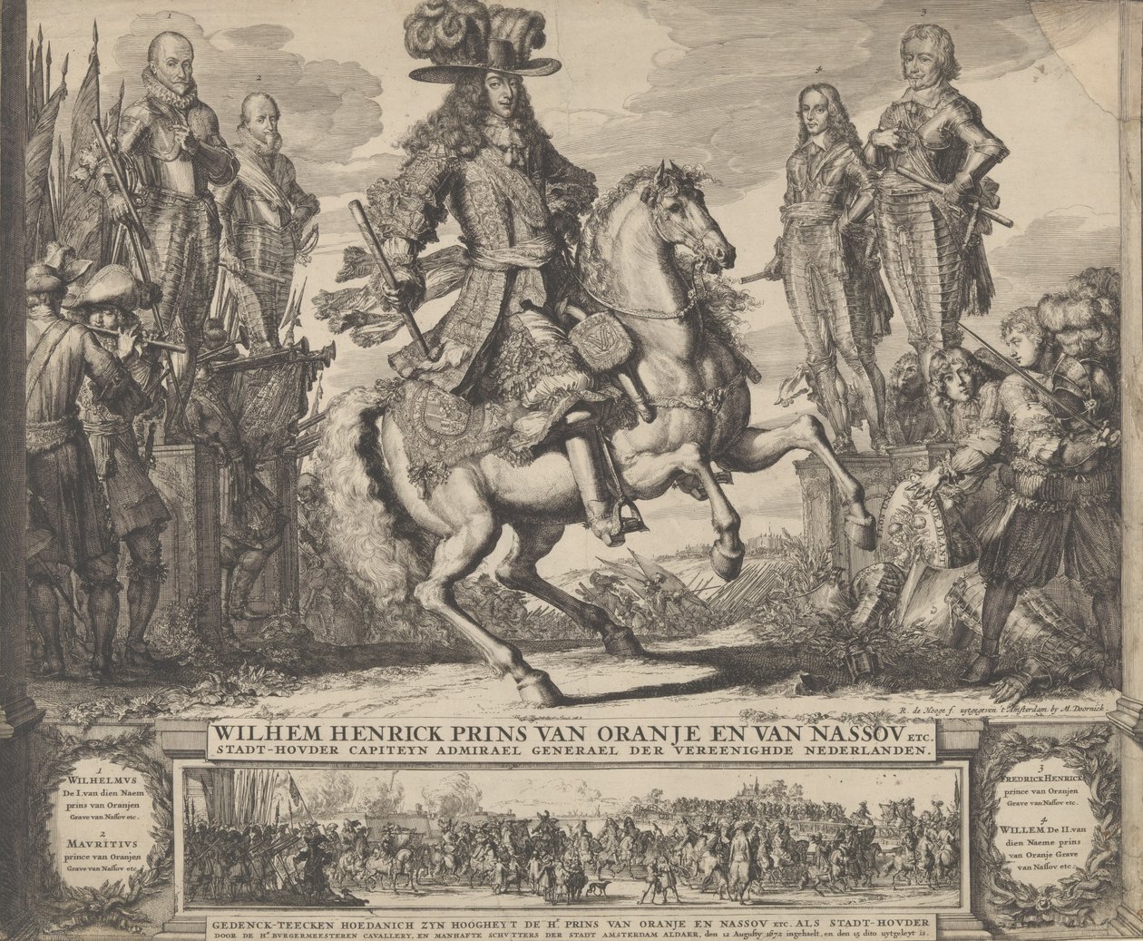 William III Orangen prinssinä, neljä edellistä Stadthouderia, William I, Maurice,..., n.d.. tekijältä Romeyn de Hooghe