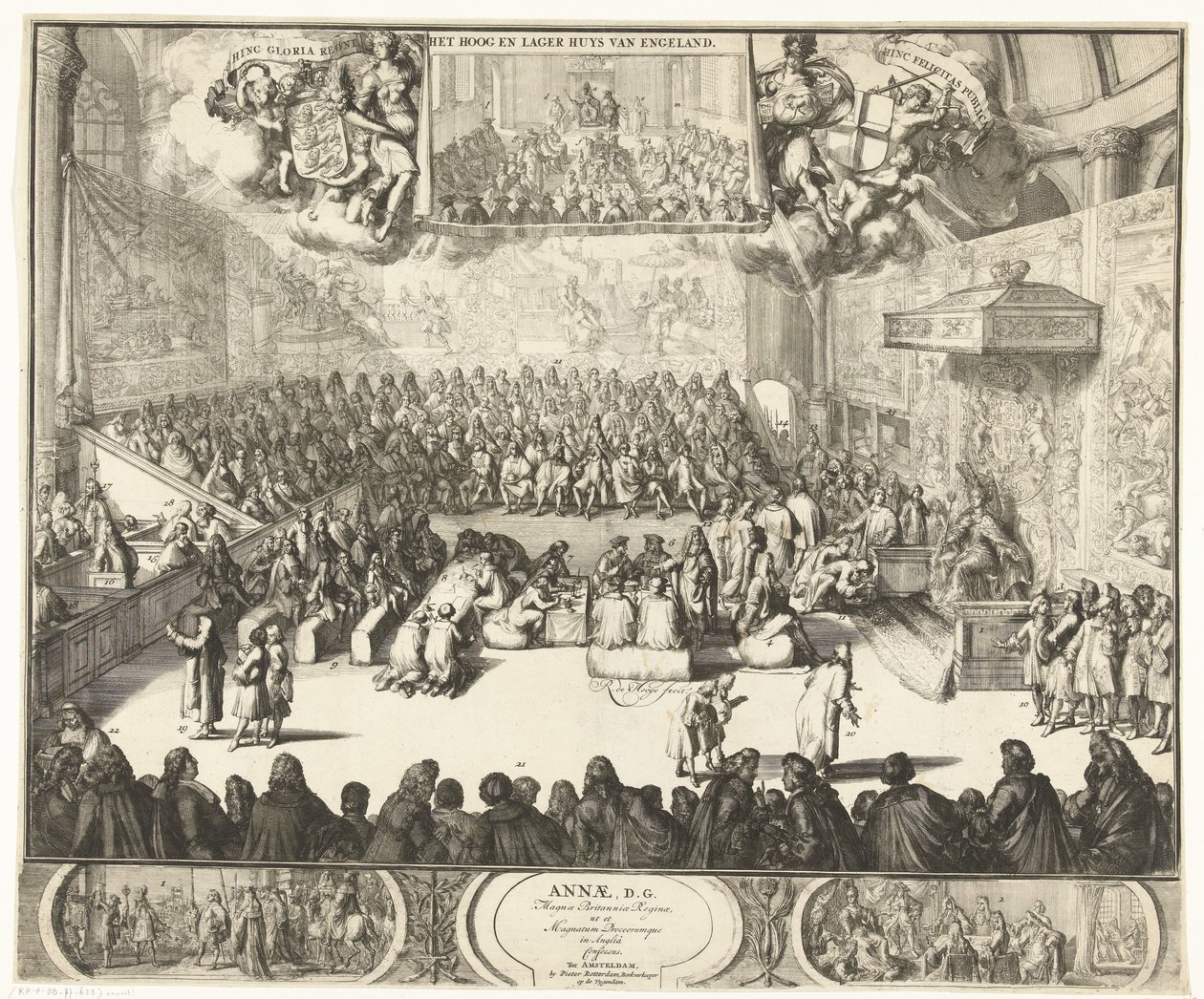 Zitting van het Lagerhuis ja koningin Anna op de troon, 1702 Anne, DG. Ison-Britannian kuningatar sekä Englannin suuret prinssit tunnustivat (otsikko esineessä) tekijältä Romeyn de Hooghe