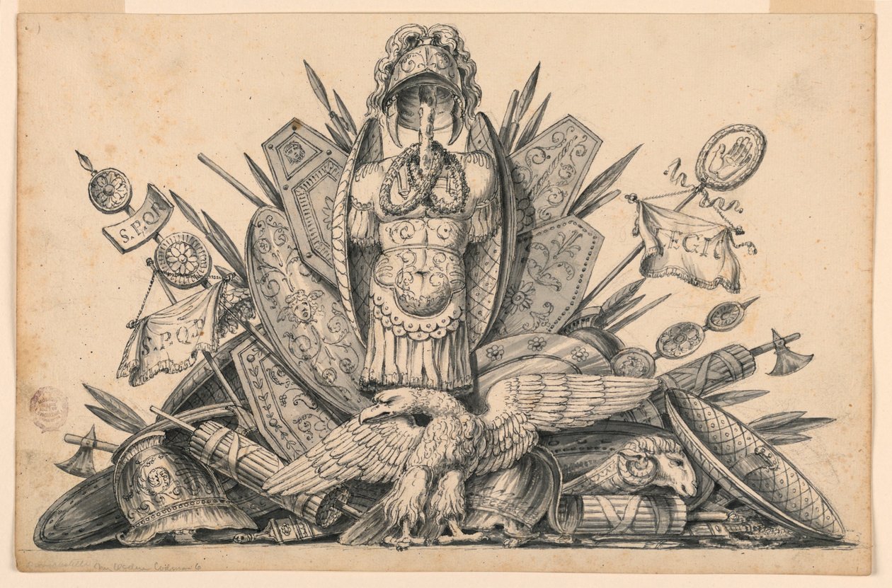 Piirustus, Aseiden palkinto, joka on tarkoitettu toteutettavaksi maalauksessa, 1830-1850. tekijältä Romolo Achille Liverani