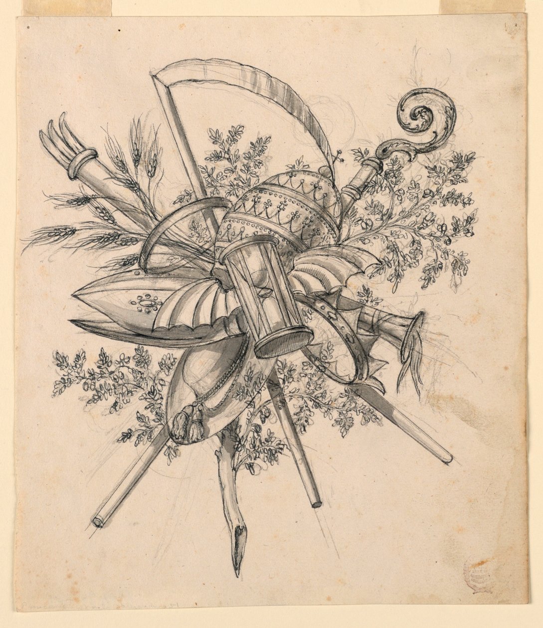 Piirustus, Pokaali, jossa on siivekäs tiimalasi, 1830-1850 tekijältä Romolo Achille Liverani