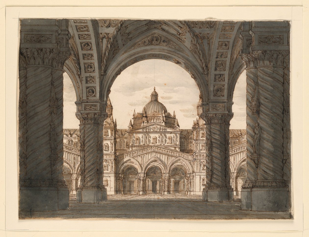 Lavastus, Kirkon julkisivu loggiasta, Felice Romanin Valdomiri, musiikki Pietro de Winter. Esitetty La Scalassa, Milanossa, 1818 tekijältä Romolo Achille Liverani