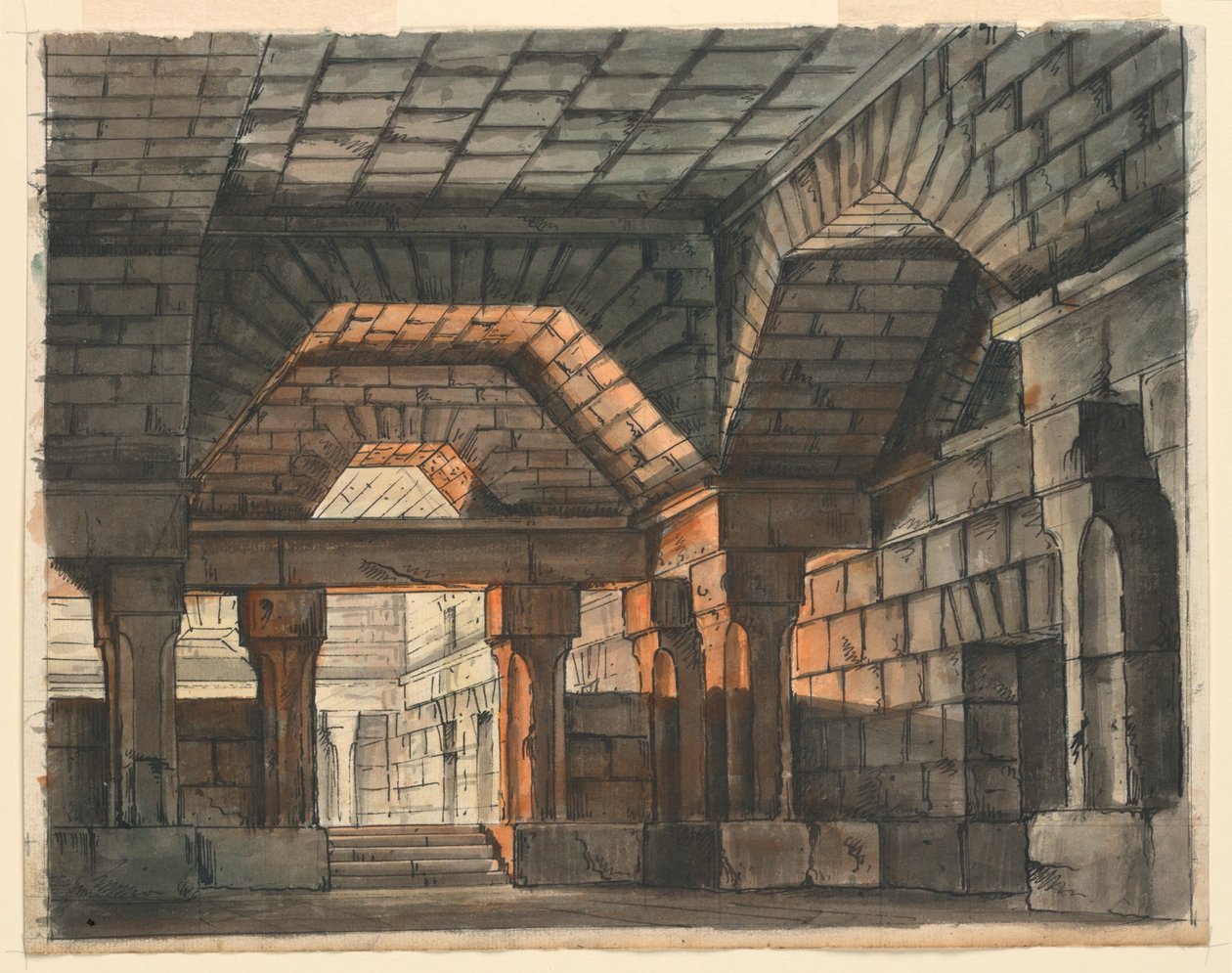 Lavastus, Linnoitettu linnan sisustus Gioachino Rossinin "Ciro in Babilonia", La Scala, Milano, 1818, "Underground Prison" tekijältä Romolo Achille Liverani