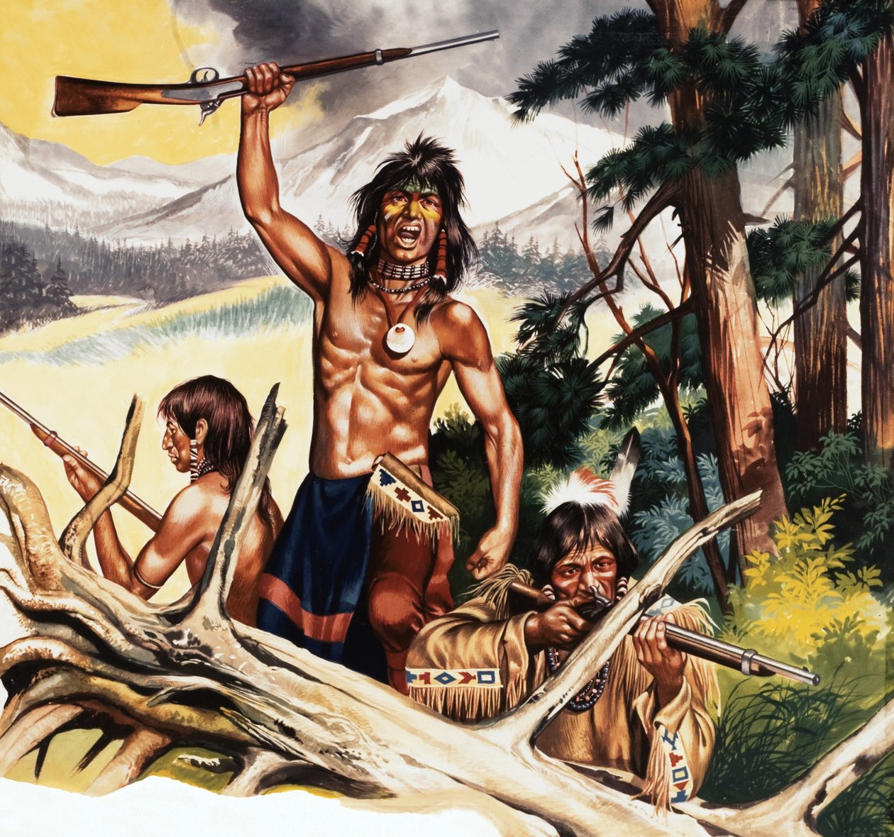 Amerikan intiaani kiväärin kanssa tekijältä Ron Embleton