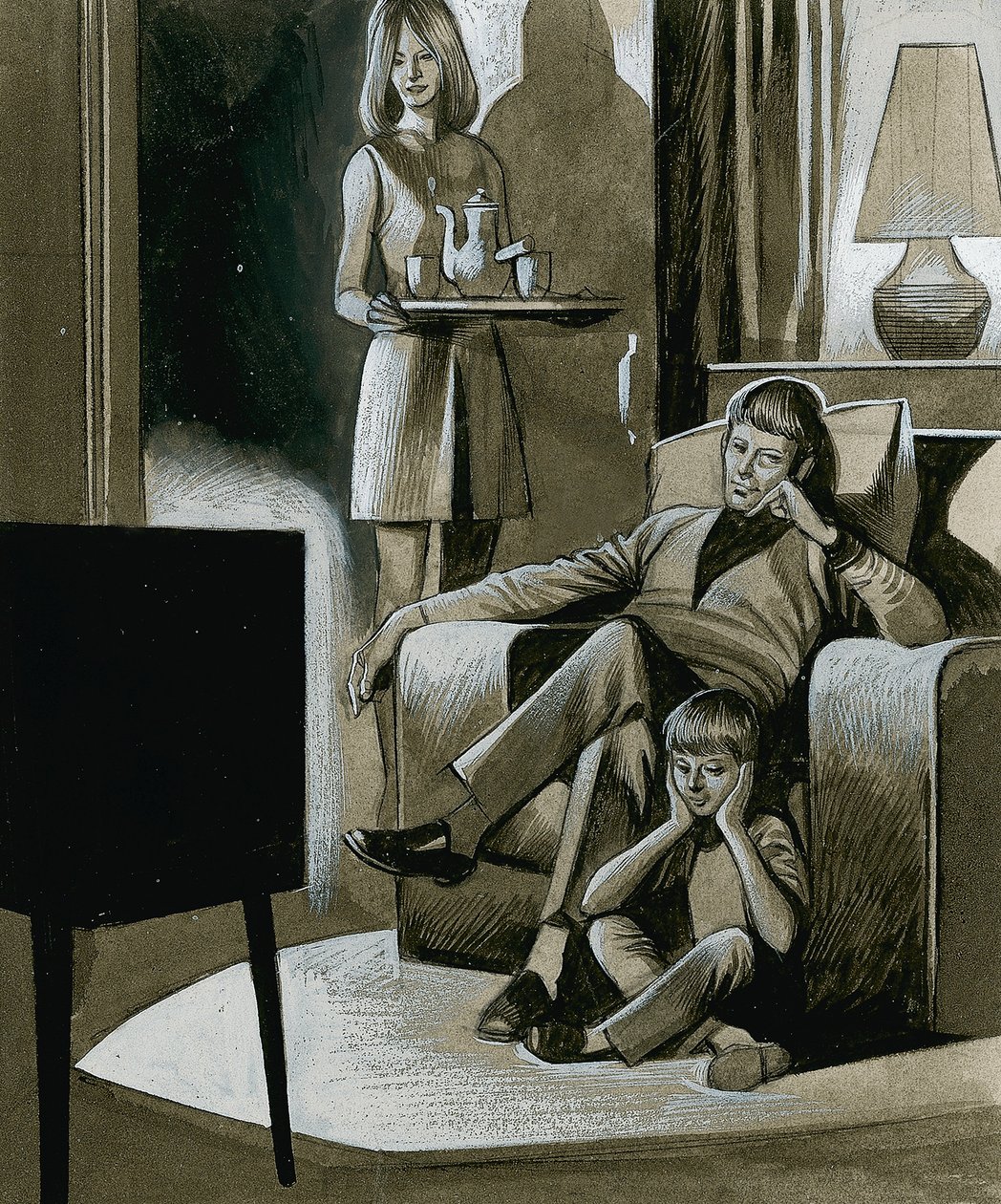 Mustavalkoista televisiota katsova perhe 1960-luvulla tekijältä Ron Embleton