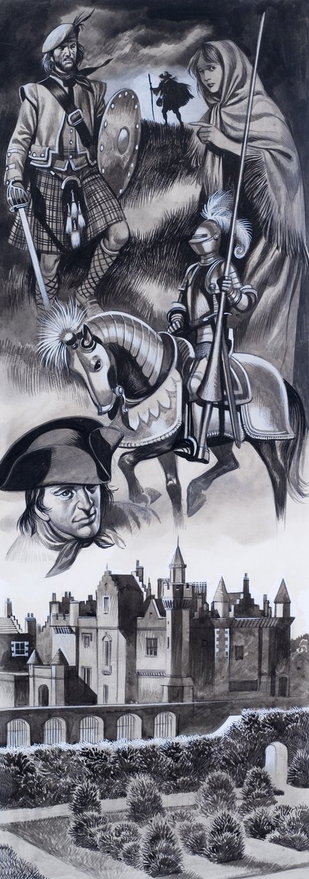 Skotlannin linna ja Skotlannin historian henkilöitä (guassi paperille) (gouache paperille) tekijältä Ron Embleton