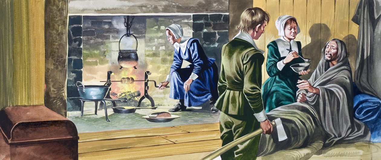 Pyhiinvaeltajaisät puoliksi rakennetuissa taloissa... tekijältä Ron Embleton