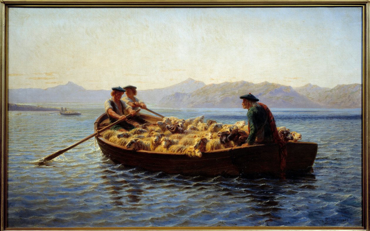 Laitumuksen vaihto. Paimenet nousivat lammaslaumaan viedäkseen ne toiselle rannalle. Rosa Bonheurin (1822-1899) maalaus tekijältä Rosa Bonheur