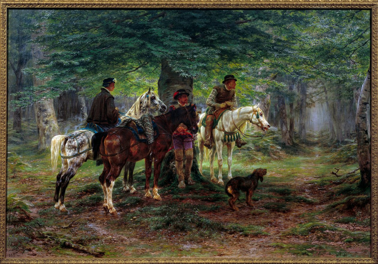 Ratsumiehet yllättyivät sateesta (1600-luku). Metsässä miehet hevossuojassa puun alla odottavat sateen loppumista. Rosa Bonheurin (1822-1899) maalaus tekijältä Rosa Bonheur