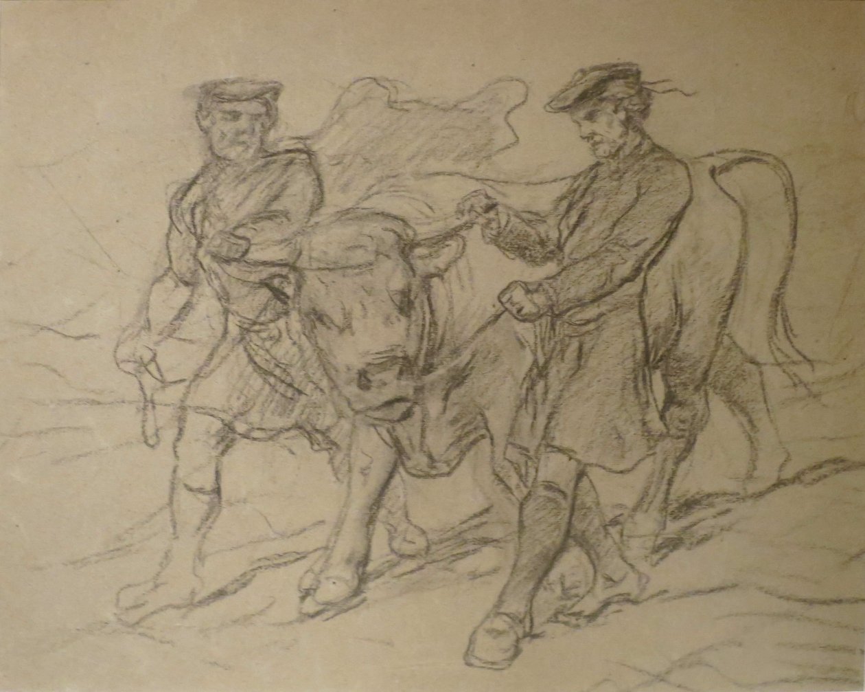 Kaksi miestä ja härkä, Rosa Bonheur, musta liitu, Columbuksen taidemuseo. tekijältä Rosa Bonheur
