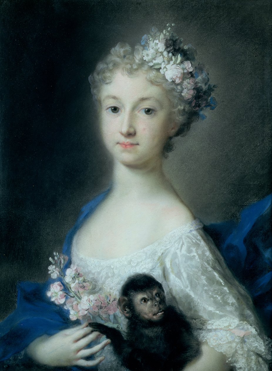 Tyttö pitelee apinaa (pastelli) tekijältä Rosalba Giovanna Carriera