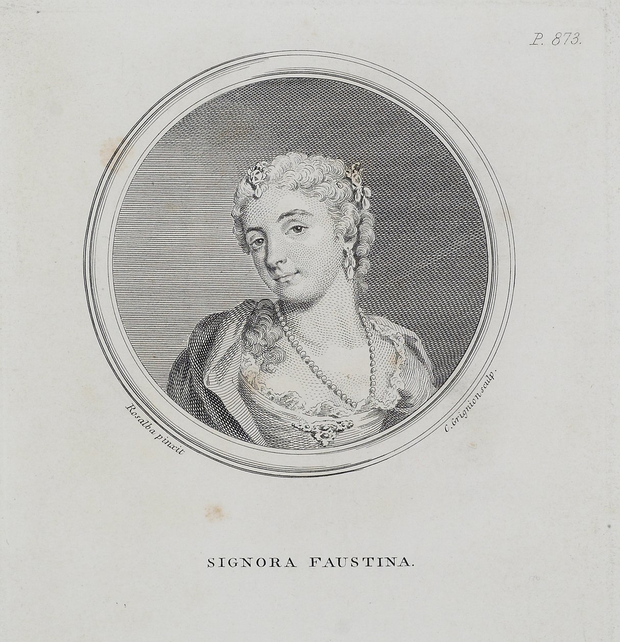 Signora Faustina, Sir John Hawkinsin teoksesta "Yleinen musiikin tieteen ja käytännön sanakirja", kaivertanut Charles Grigion (1717-1810), 1776 tekijältä Rosalba Giovanna Carriera
