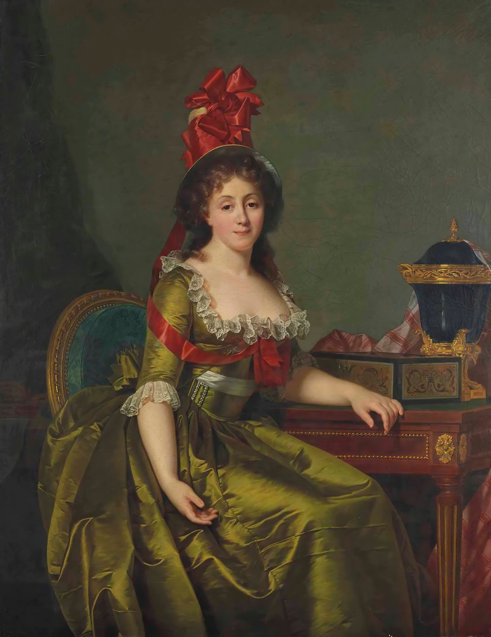 Naisen muotokuva vihreässä satiinimekossa ja punaisilla nauhoilla varustetussa konepellissä. tekijältä Rose Adelaide Ducreux