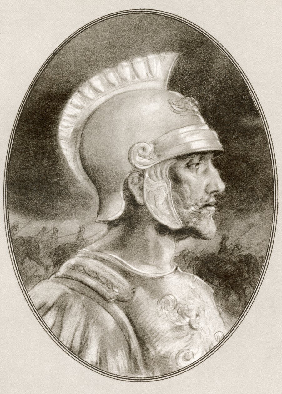 Ashoka, kuoli 232 eKr., eli Ashoka Suuri. Intian Maurya-dynastian keisari. Gordon Rossin, yhdysvaltalaisen taiteilijan ja kuvittajan (1873-1946), kuvitus teoksesta Living Biographies of Famous Rulers. tekijältä Ross Gordon