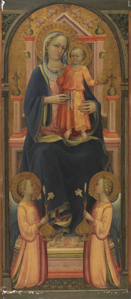Neitsyt ja lapsi istuivat valtaistuimella kahden enkelin kanssa, n. 1420-25 tekijältä Rossello di Jacopo Franchi