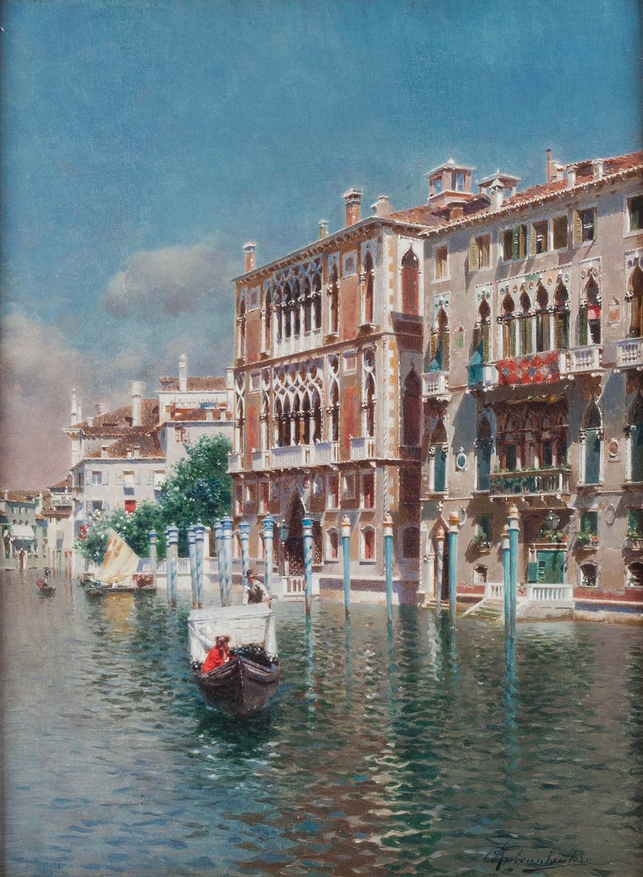Gondoli Palazzo Cavalli-Franchettin ja Palazzi Barboron edessä, Venetsiassa (öljy kankaalle) tekijältä Rubens Santoro