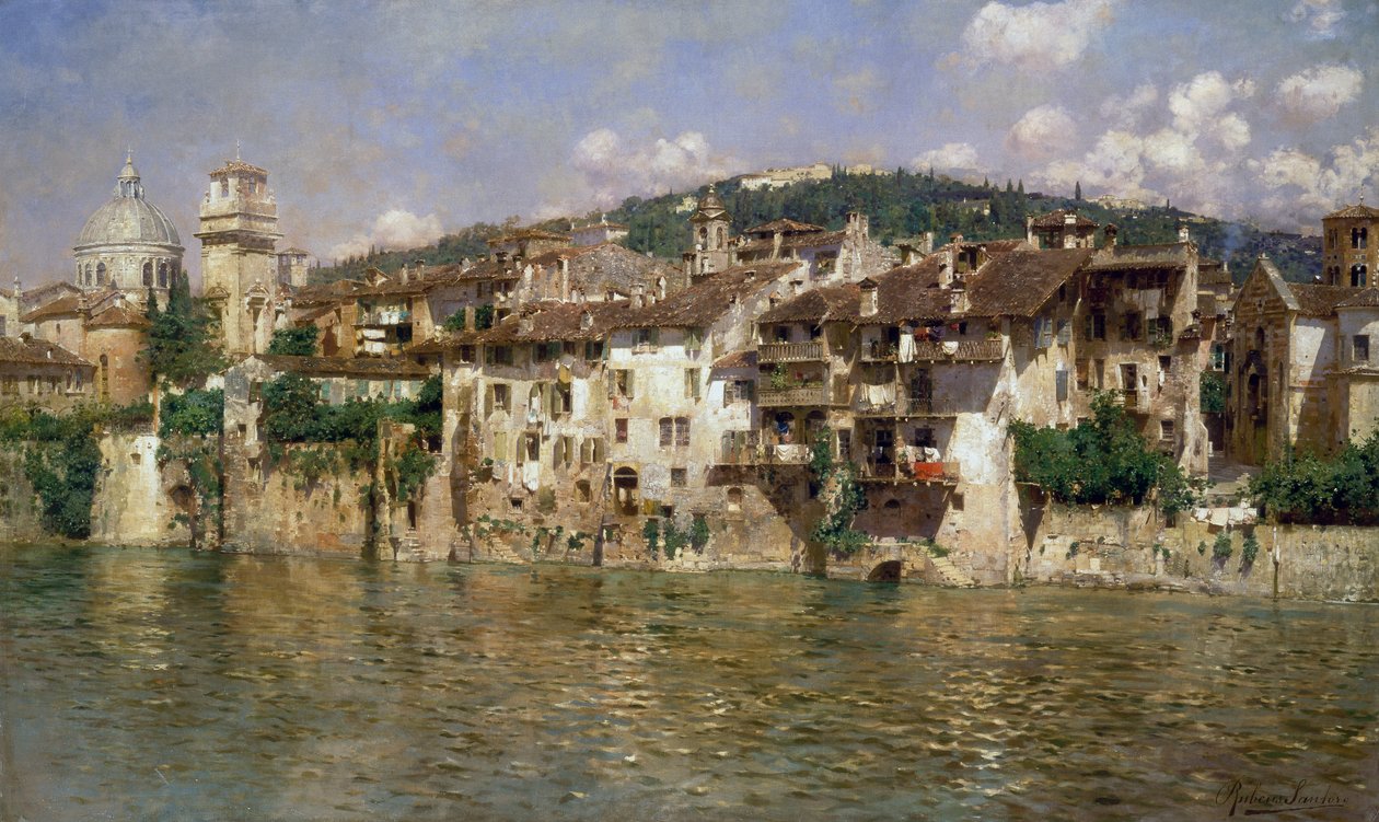 Adige Veronassa, kirjoittanut Rubens Santoro (1859-1942), öljy kankaalle tekijältä Rubens Santoro