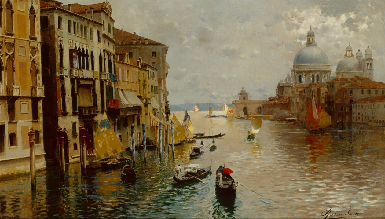 Gondolit Grand Canalilla, Dogana ja Santa Maria della Salute, Venetsia (öljy kankaalle) tekijältä Rubens Santoro