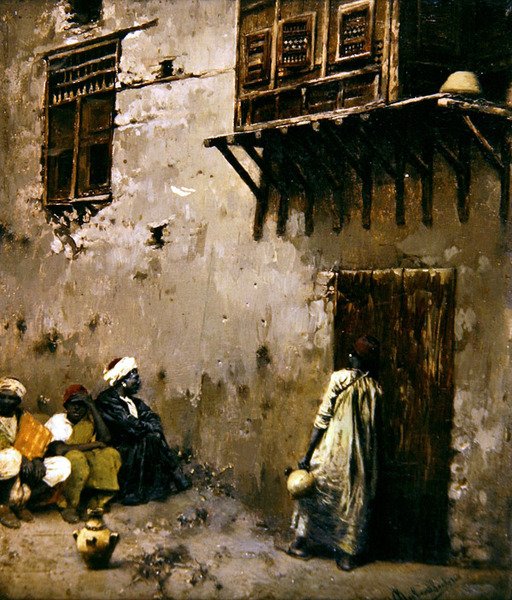 Pohjois-Afrikan kohtaus (öljy paneelissa) tekijältä Rubens Santoro