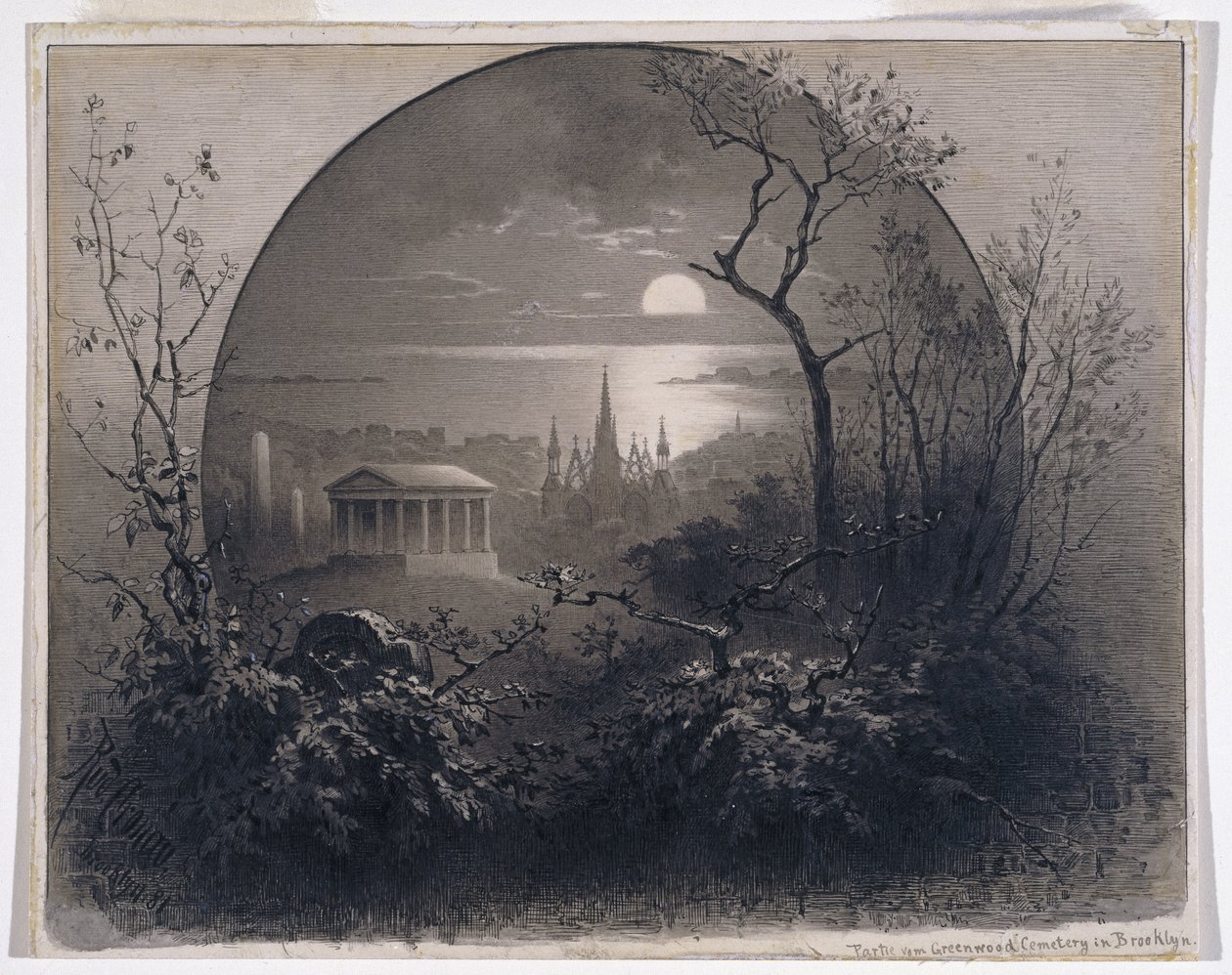 Näkymä Greenwood Cemeteryltä, Brooklyn, 1881 (grisaille muste ja pesu paperille) tekijältä Rudolf Cronau