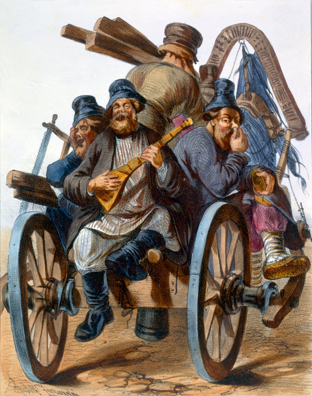 Ryhmä humalaisia talonpoikia laulamassa, kun he lähtevät kärryillä kotiin, 1843 tekijältä Rudolf Jukowsky