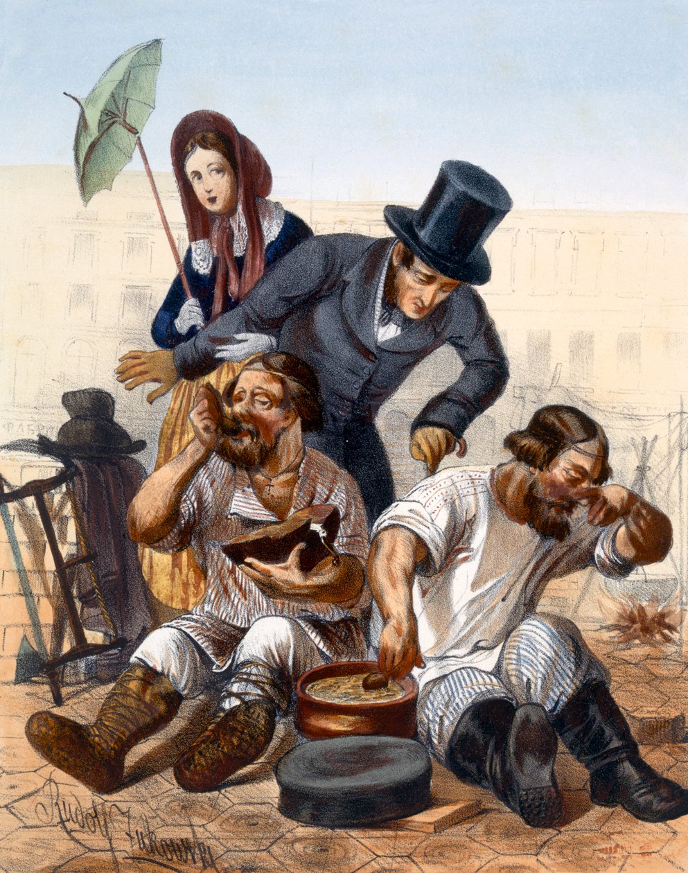 Rikas pariskunta puhuu humalaisen puuseppäparin kanssa, joka kokkaa ja syö kadulla, 1843 tekijältä Rudolf Jukowsky