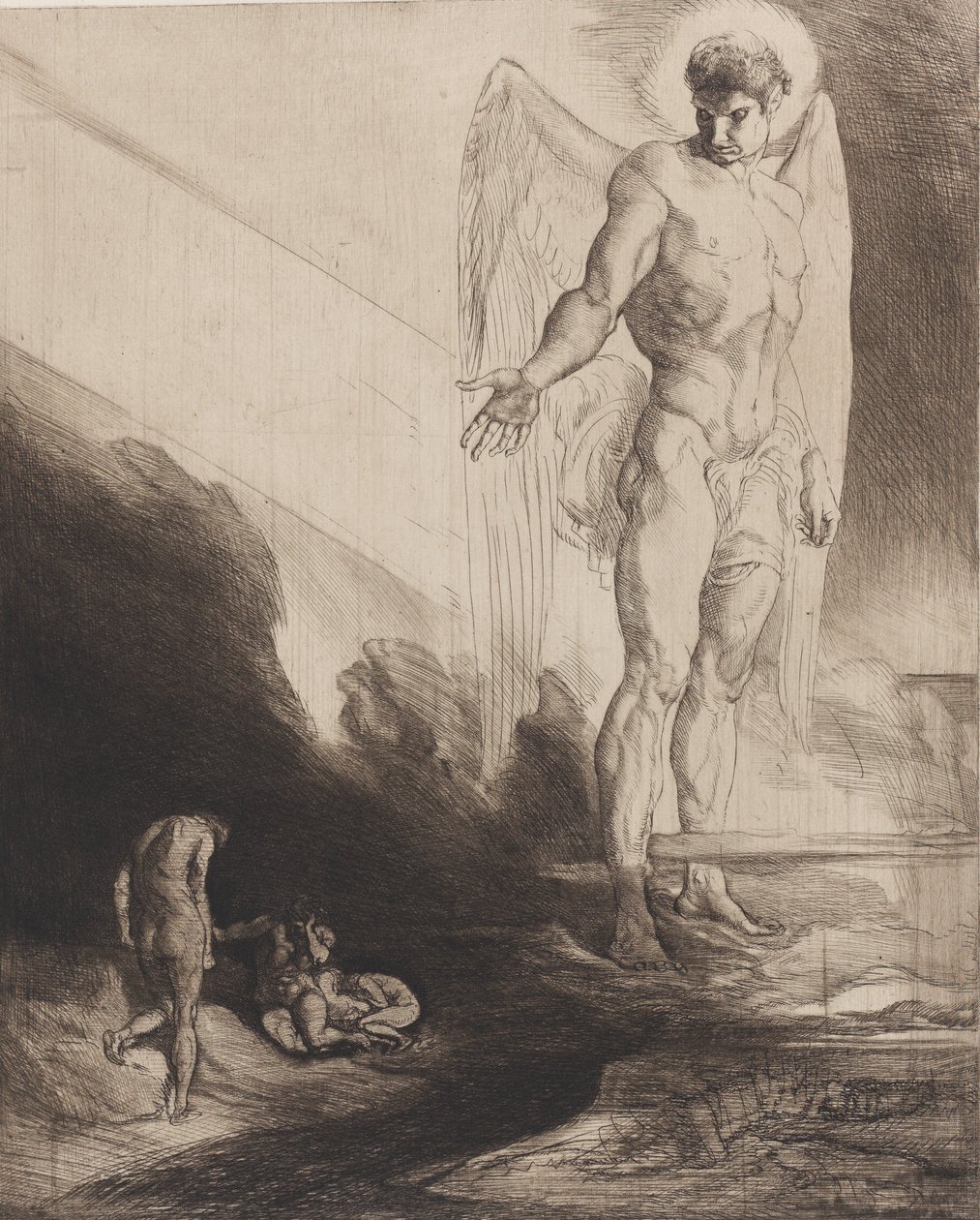 Lucifer hylkää Kainin kohtalolleen, teoksesta Kahdeksan etsausta Byronin Kainista, 1919-1920. tekijältä Rudolf Jettmar