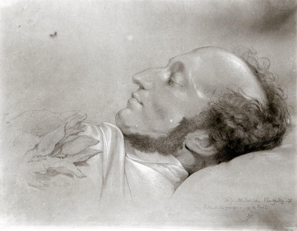 Felix Mendelssohn (1809-47) kuolinvuoteella, n. 1847 tekijältä Rudolf Julius Benno Huebner