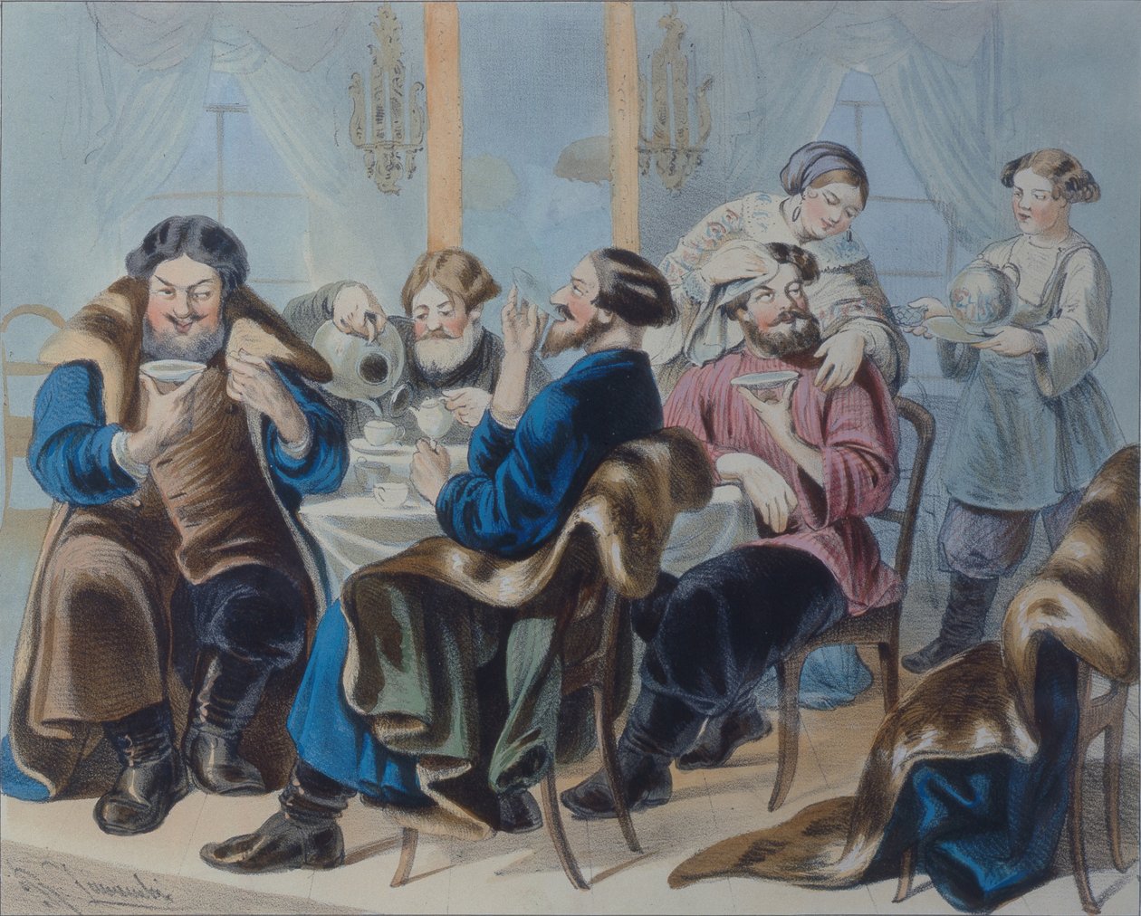 Tee ja Sokeri. Teejuominen tavernassa, 1800-luvun ensimmäinen neljännes tekijältä Rudolf Kasimirovich Zhukovsky