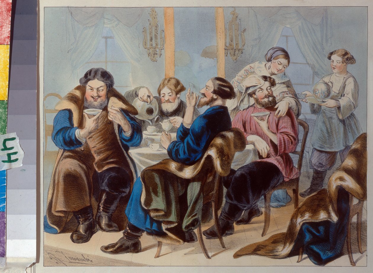 Tee ja Sokeri. Teetä juomassa tavernassa parissa Zhukovsky, Rudolf Kasimirovich (1814-1886), 1800-luvun ensimmäinen neljännes. - Litografia, akvarelli - Valtion historiallinen museo, Moskova tekijältä Rudolf Kasimirovich Zhukovsky