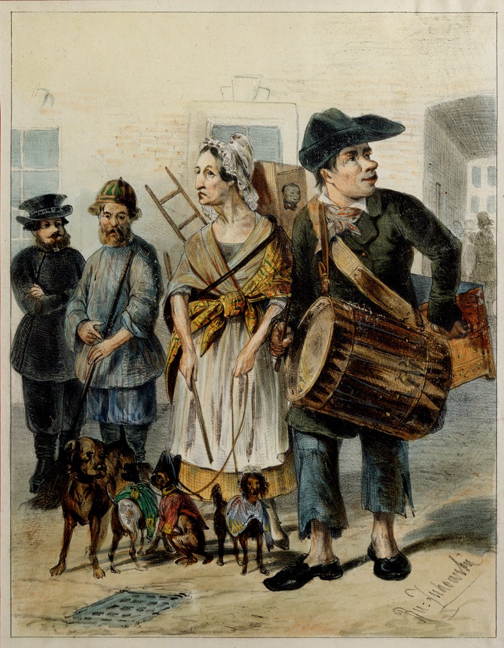 Palvelija vie koirat ulos - Rudolf Kasimirovich Zhukovskyn (1814-1886) taideteos, akvarelli ja muste paperille tekijältä Rudolf Kasimirovich Zhukovsky