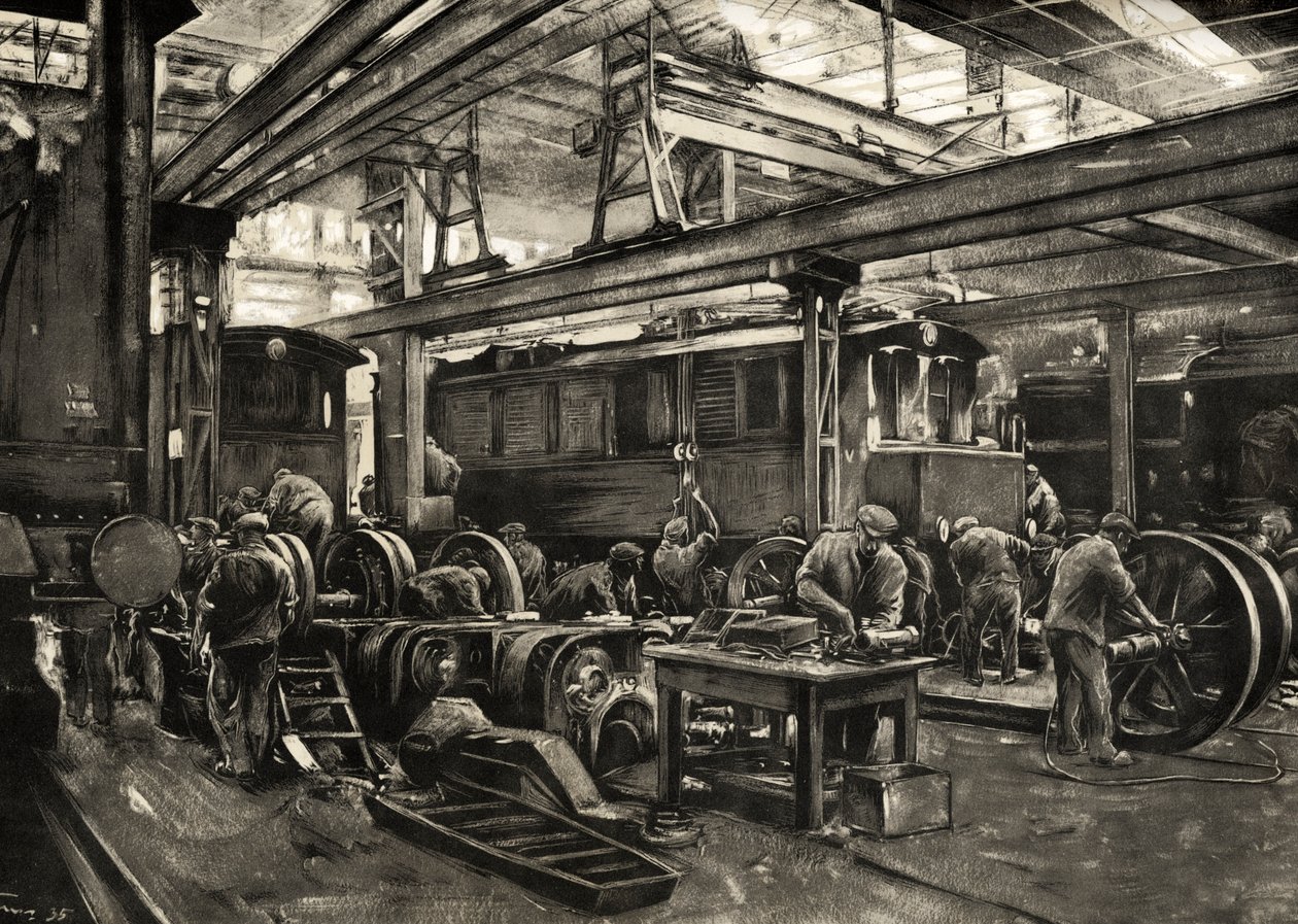Saksan rautatiet - Reichsbahnin sähkövetureiden korjaamo Münchenissä. 1935 (printti) tekijältä Rudolf Lipus