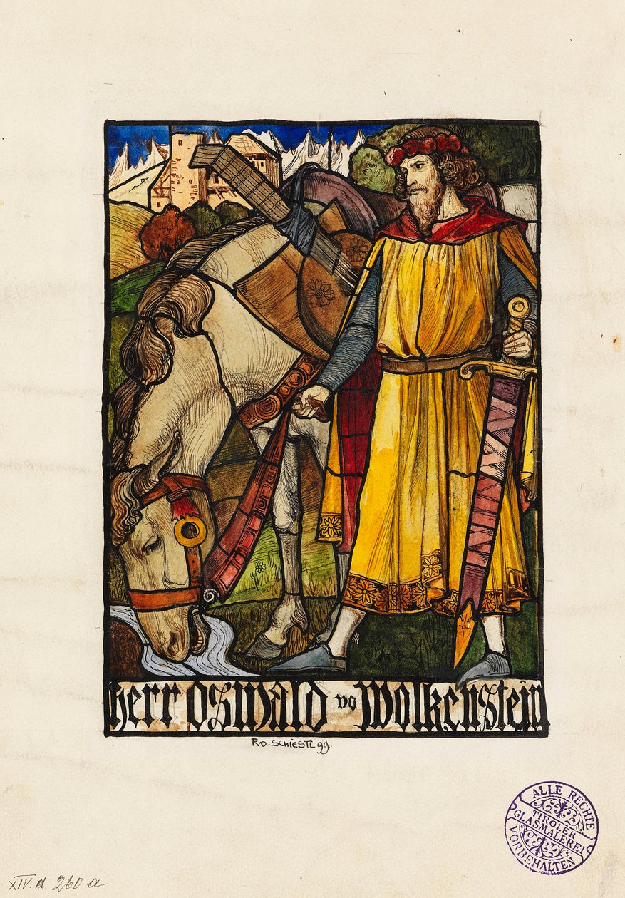 Oswald von Wolkenstein Suunnittelu lasimaalauksille, 1899. tekijältä Rudolf Schiestl