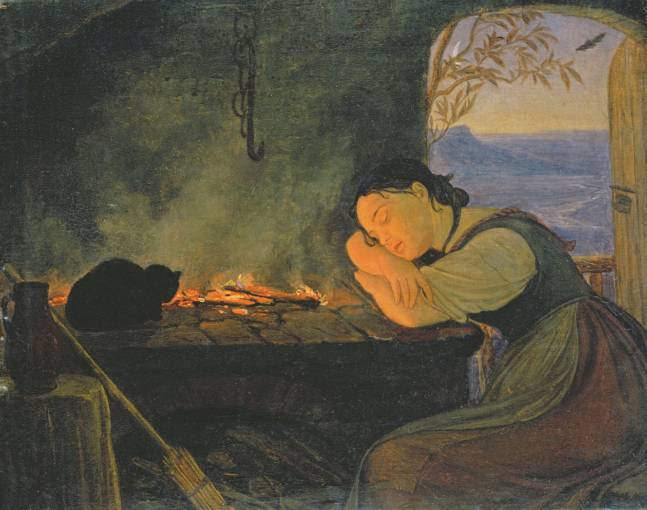Tyttö nukkuu tulella, 1843 tekijältä Rudolph Friedrich Wasmann