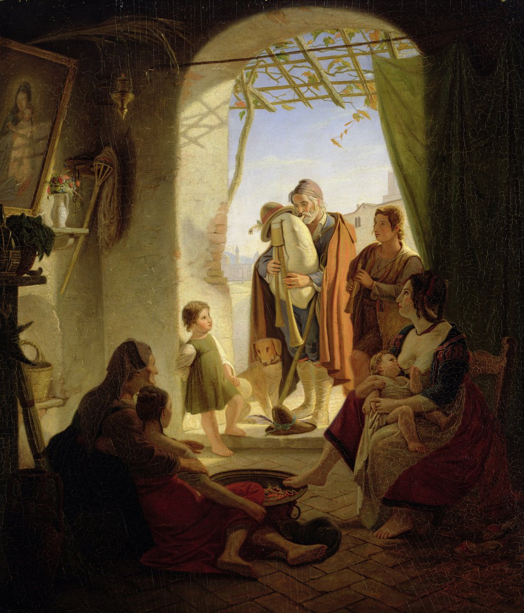 Napolilainen säkkipillin soittaja talvisessa Roomassa, 1833 tekijältä Rudolph Friedrich Wasmann