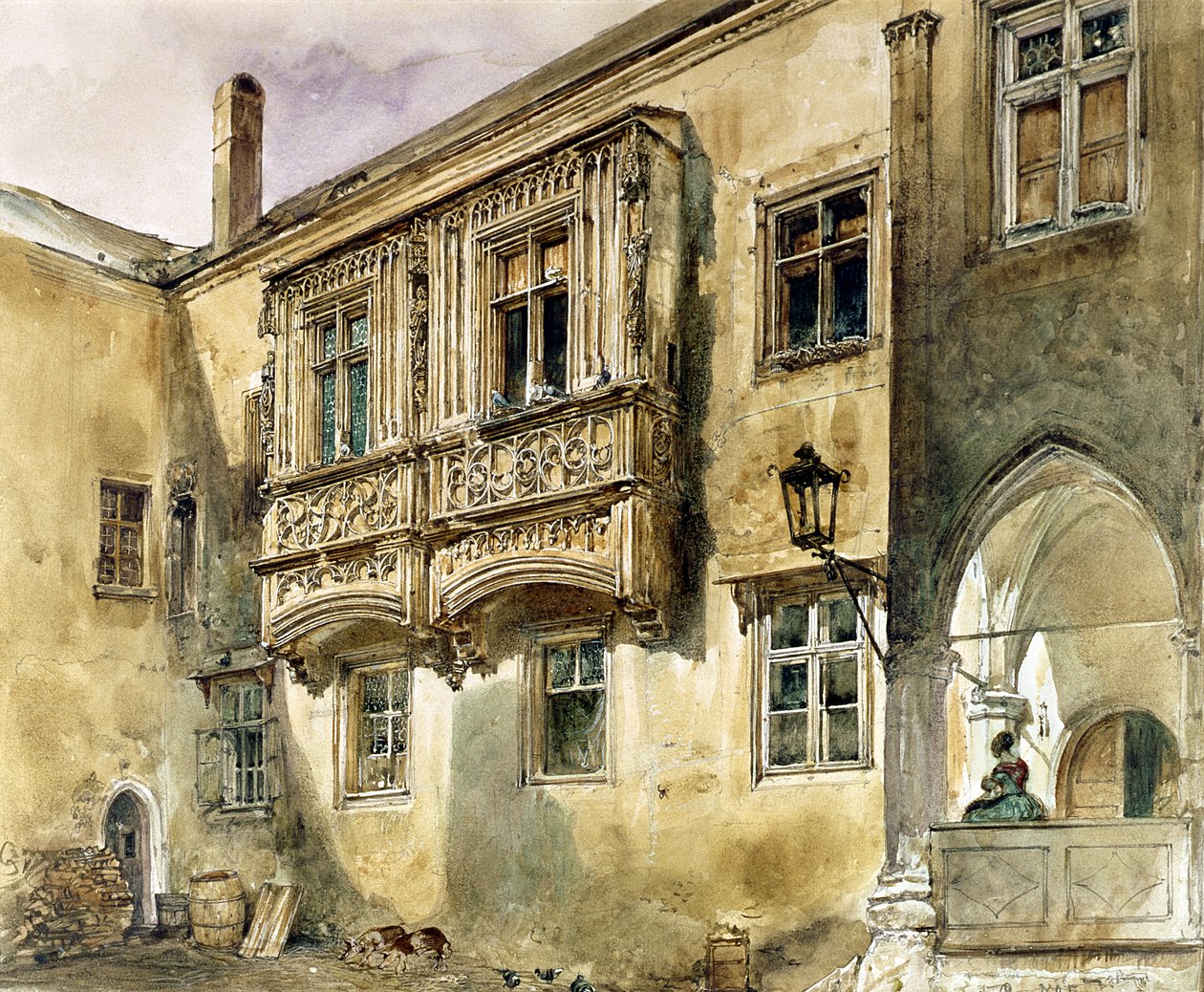 Goottilainen parveke Klosterneuburgin luostarin sisäpihalla, n. 1840 tekijältä Rudolf von Alt