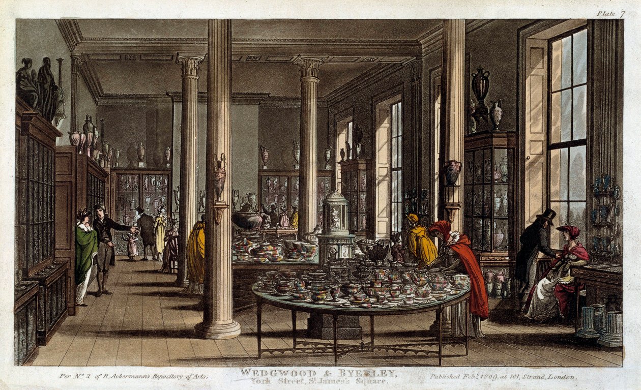 Sisäkuva Wedgwood-posliiniliikkeestä Lontoossa R. Ackermannin litografia tekijältä Rudolph Ackermann