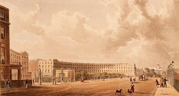 The Crescent, Portland Place, akvatintta, julkaistu 1822. tekijältä Rudolph Ackermann