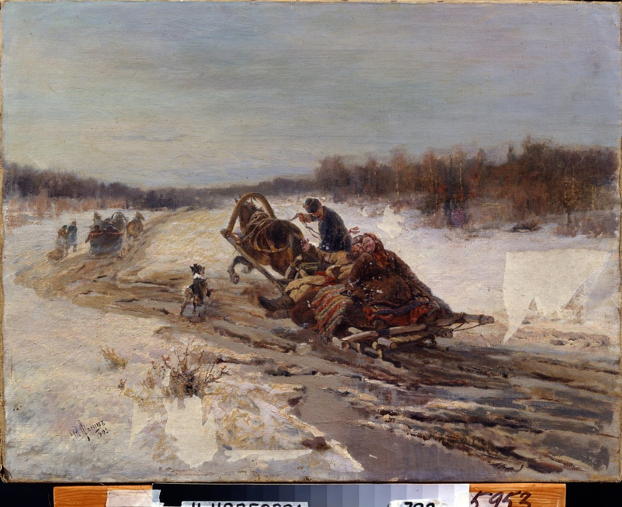 Rasvaiset päivät (laskaaispäivä). Mies ja nainen laulavat ja hymyilevät kelkassa. He juhlivat aikaa ennen paaston alkua, jolloin syödään rasvaa. Rudolf Ferdinandovich Frenzin (1831-1918) maalaus öljy kankaalle tekijältä Rudolph Frenz