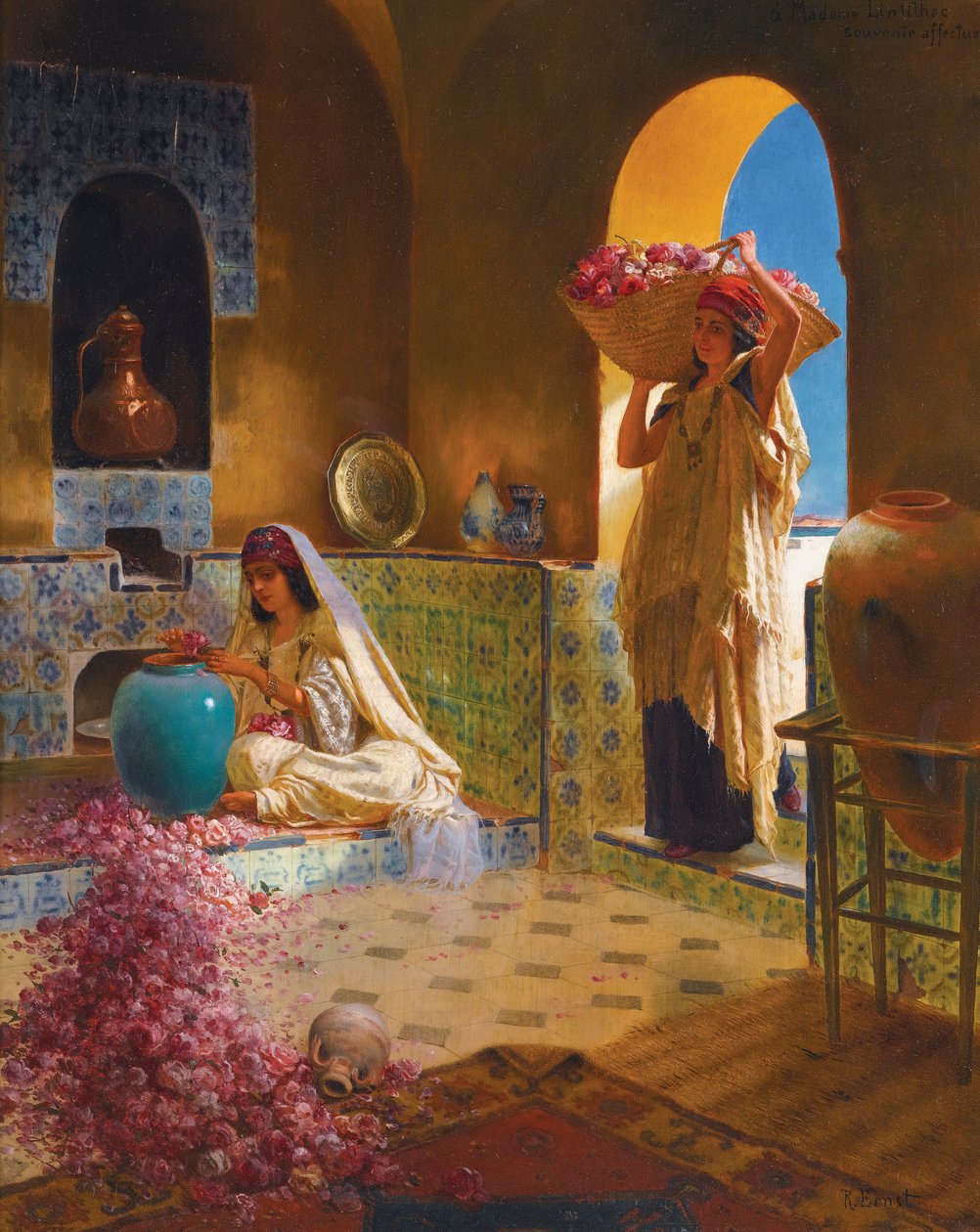 Les parfumeuses - Hajusteiden valmistajat - Rudolf Ernst (1854-1932). Öljy puulle Mitat : 55,5x45 cm Yksityiskokoelma tekijältä Rudolphe Ernst