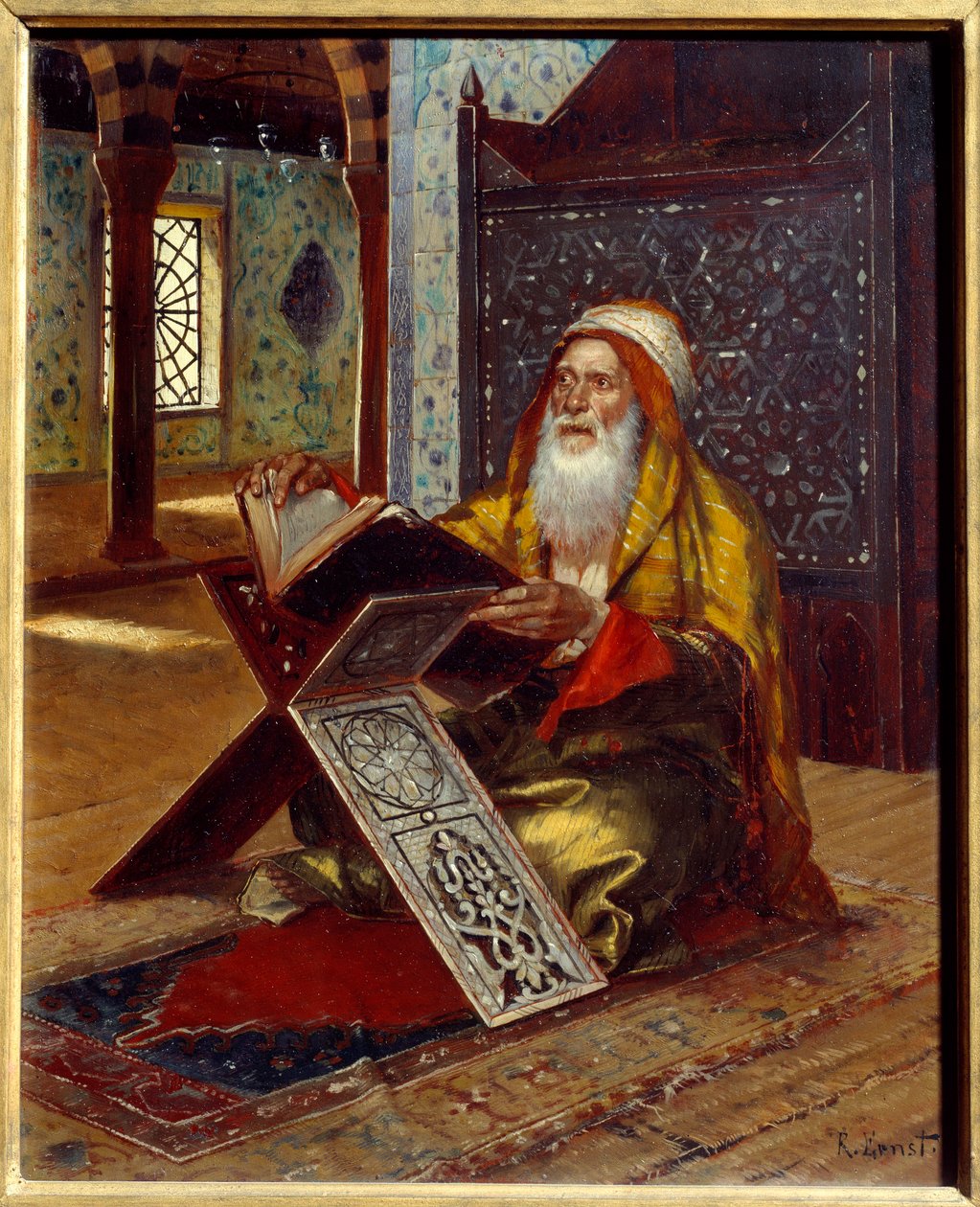 Työpöytä Imaami lukee Koraania. Rudolph (tai Rudolphe) Ernstin (1854-1932) maalaus 1800-luvulta Nantes, Musee des Beaux Arts tekijältä Rudolphe Ernst