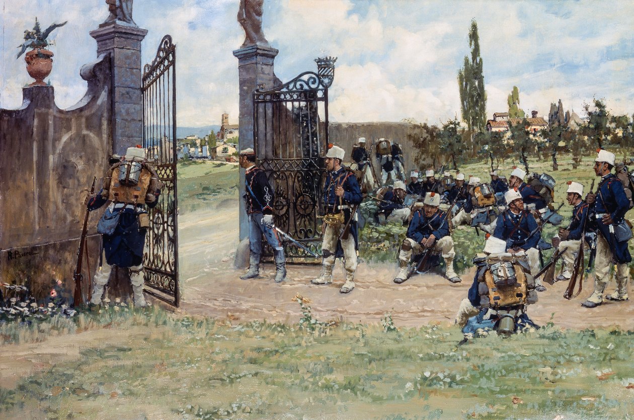Manööverit, Ruggero Panerai (1862-1923), öljy kankaalle, 78x131 cm tekijältä Ruggero Panerai