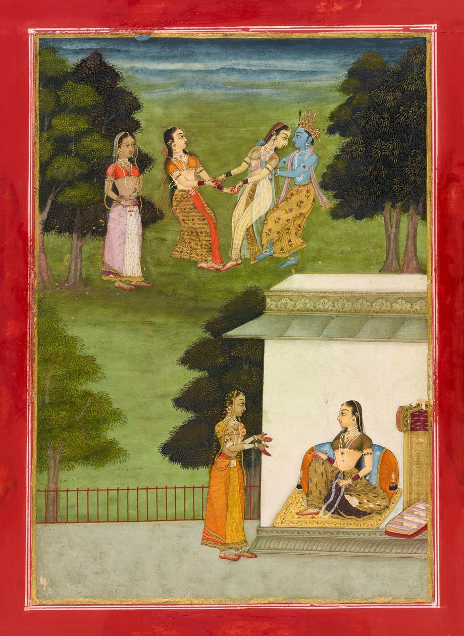 Krishna leikkii gopeilla, folio Rasikpriyasta, päivätty 1686 Samvat 1743. tekijältä Ruknuddin